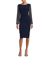 Marina Round Neck Beaded Lace Long Sleeve Side Drape Sheath Dress