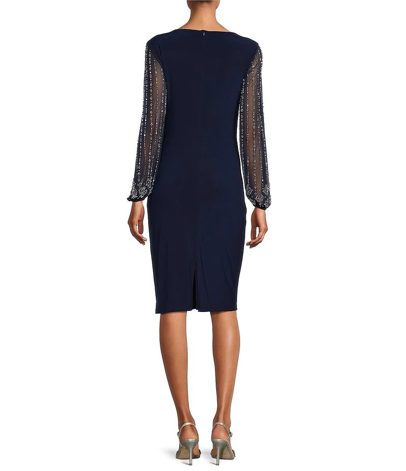 Marina Round Neck Beaded Lace Long Sleeve Side Drape Sheath Dress