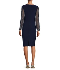Marina Round Neck Beaded Lace Long Sleeve Side Drape Sheath Dress
