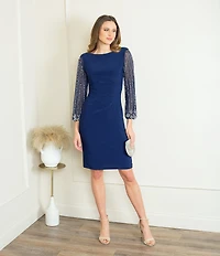 Marina Round Neck Beaded Lace Long Sleeve Side Drape Sheath Dress