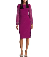 Marina Round Neck Beaded Lace Long Sleeve Side Drape Sheath Dress