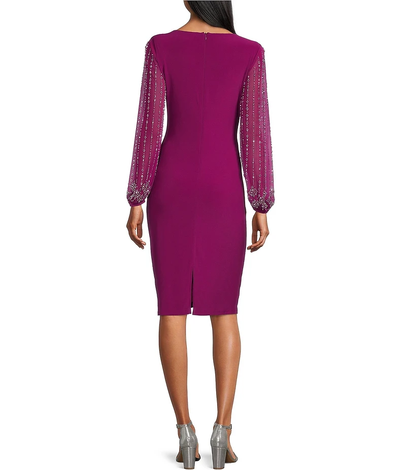 Marina Round Neck Beaded Lace Long Sleeve Side Drape Sheath Dress