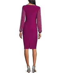 Marina Round Neck Beaded Lace Long Sleeve Side Drape Sheath Dress