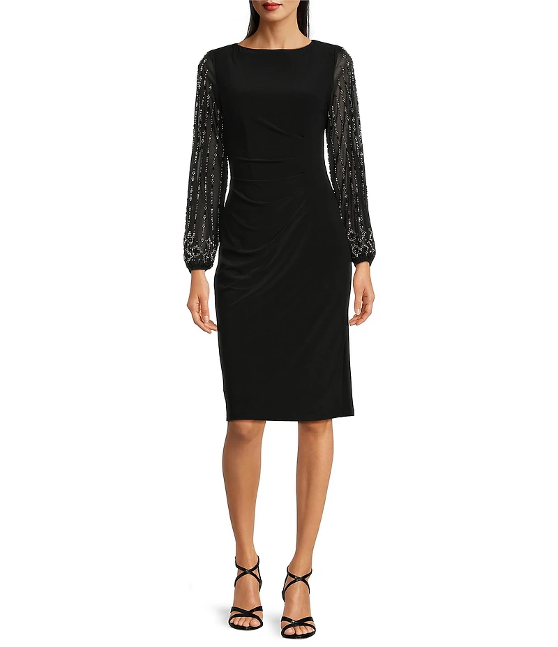 Marina Round Neck Beaded Lace Long Sleeve Side Drape Sheath Dress