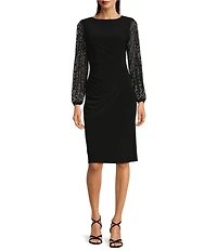 Marina Round Neck Beaded Lace Long Sleeve Side Drape Sheath Dress