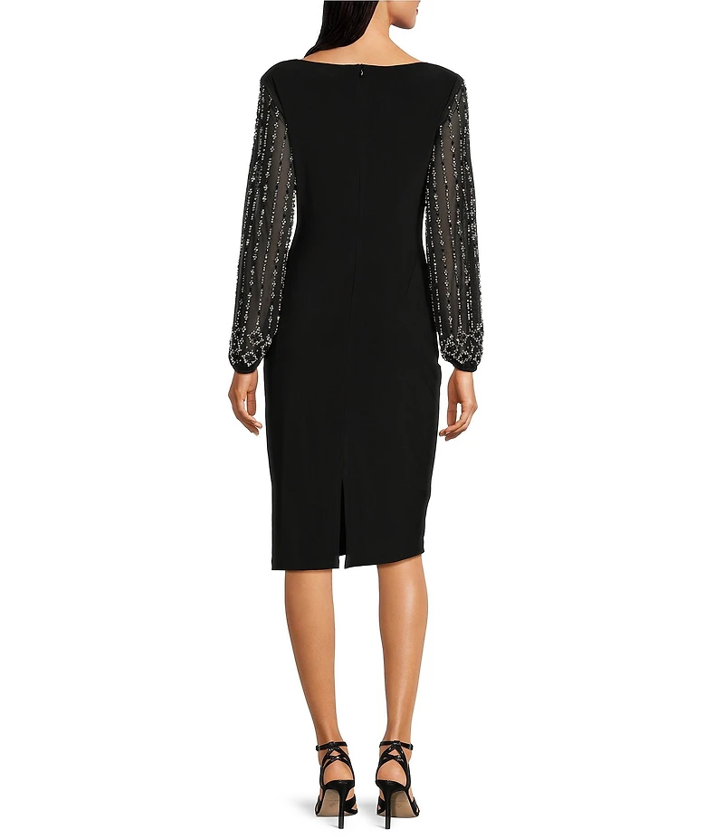 Marina Round Neck Beaded Lace Long Sleeve Side Drape Sheath Dress
