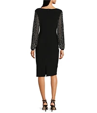 Marina Round Neck Beaded Lace Long Sleeve Side Drape Sheath Dress