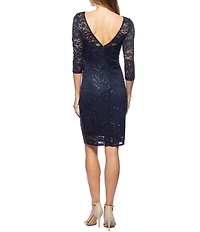 Marina Round Neck Ruched Side Sequin Lace 3/4 Sleeve Sheath Dress