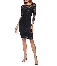 Marina Round Neck Ruched Side Sequin Lace 3/4 Sleeve Sheath Dress