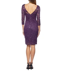 Marina Round Neck Ruched Side Sequin Lace 3/4 Sleeve Sheath Dress