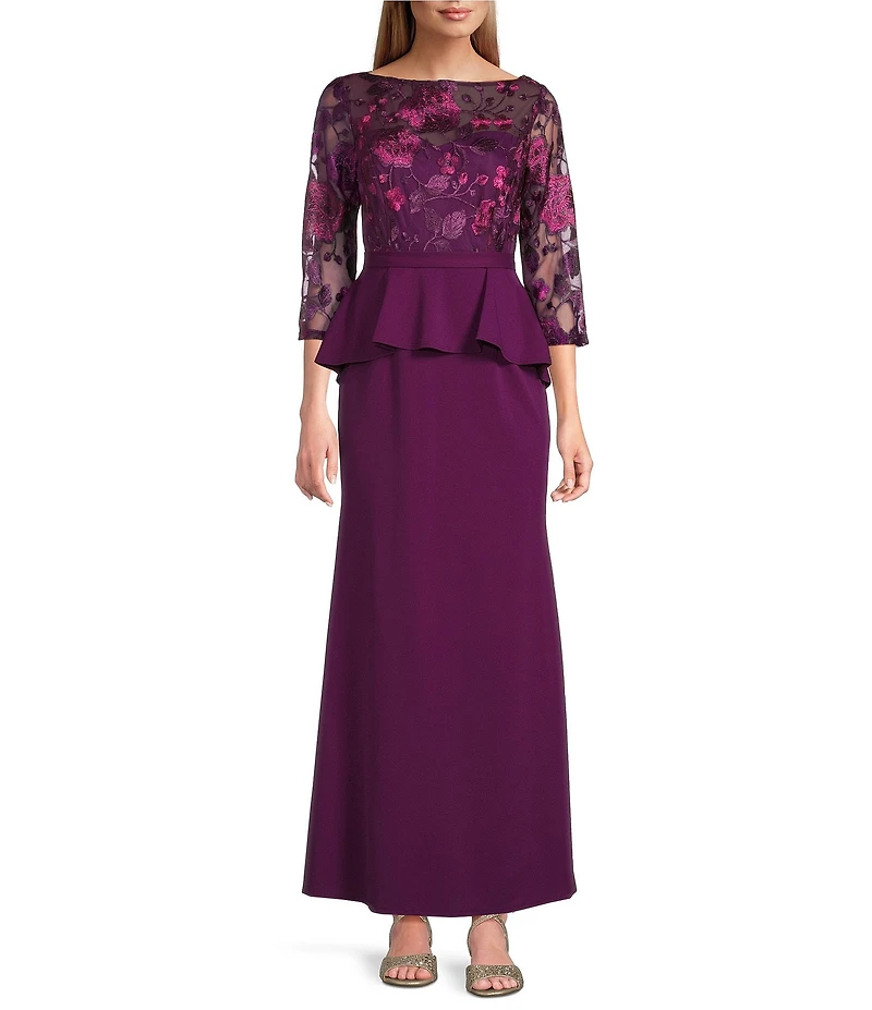 Marina Scuba Crepe Flower Embroidered 3/4 Sleeve Crew Neck Peplum Dress