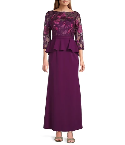 Marina Scuba Crepe Flower Embroidered 3/4 Sleeve Crew Neck Peplum Dress