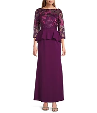 Marina Scuba Crepe Flower Embroidered 3/4 Sleeve Crew Neck Peplum Dress