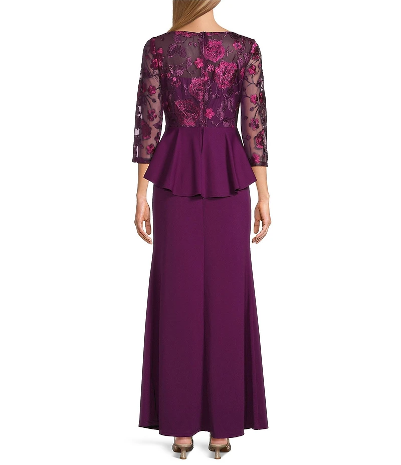Marina Scuba Crepe Flower Embroidered 3/4 Sleeve Crew Neck Peplum Dress