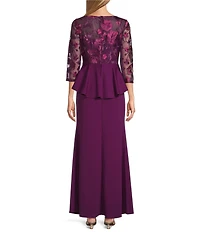 Marina Scuba Crepe Flower Embroidered 3/4 Sleeve Crew Neck Peplum Dress