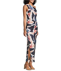 Marina Scuba Crepe One Shoulder Abstract Print Maxi Dress