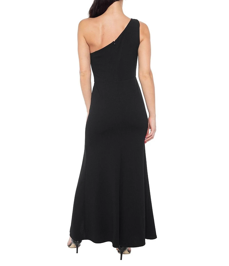 Marina Scuba Crepe One Shoulder Ruffle Front Dress