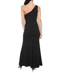 Marina Scuba Crepe One Shoulder Ruffle Front Dress