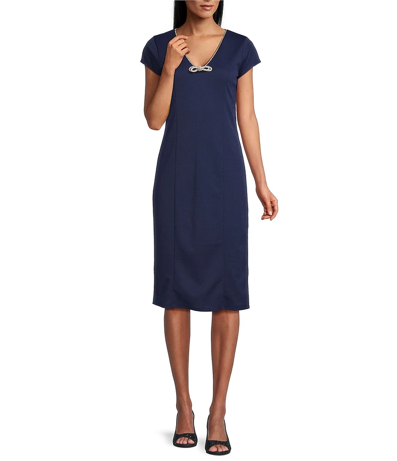 Marina Scuba Crepe Rhinestone Trim Bow Neckline Short Sleeve Sheath Midi Dress