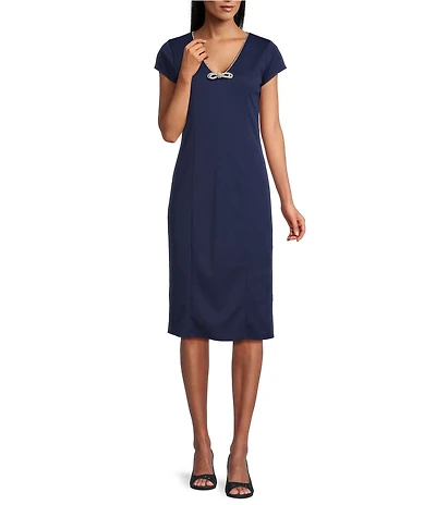 Marina Scuba Crepe Rhinestone Trim Bow Neckline Short Sleeve Sheath Midi Dress