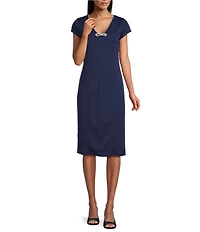 Marina Scuba Crepe Rhinestone Trim Bow Neckline Short Sleeve Sheath Midi Dress