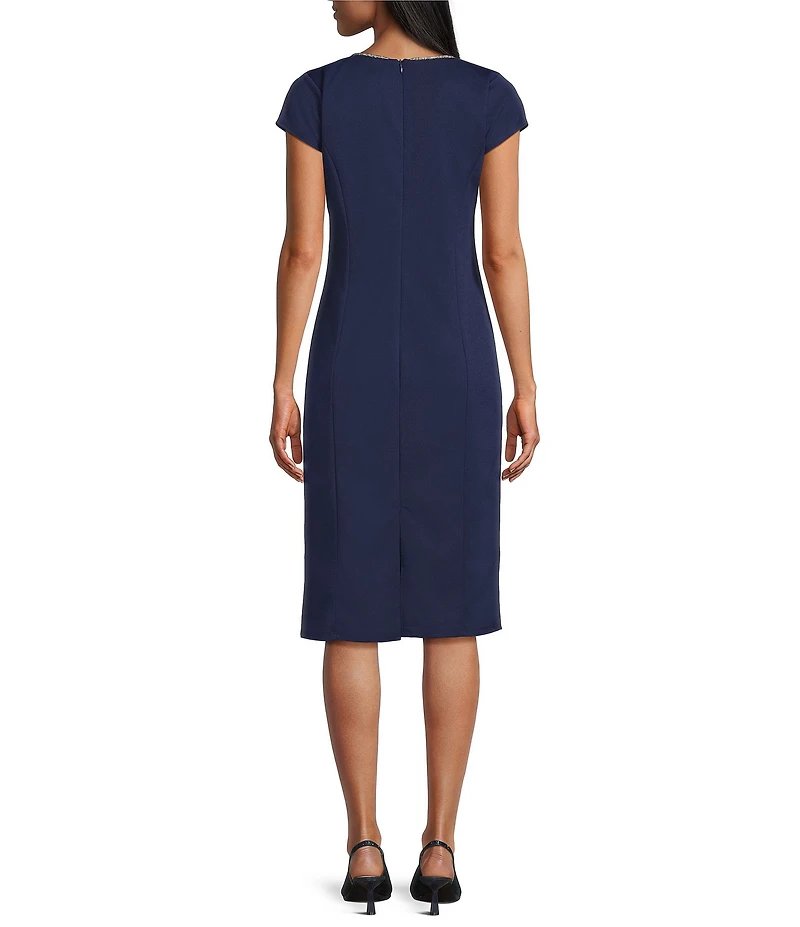 Marina Scuba Crepe Rhinestone Trim Bow Neckline Short Sleeve Sheath Midi Dress