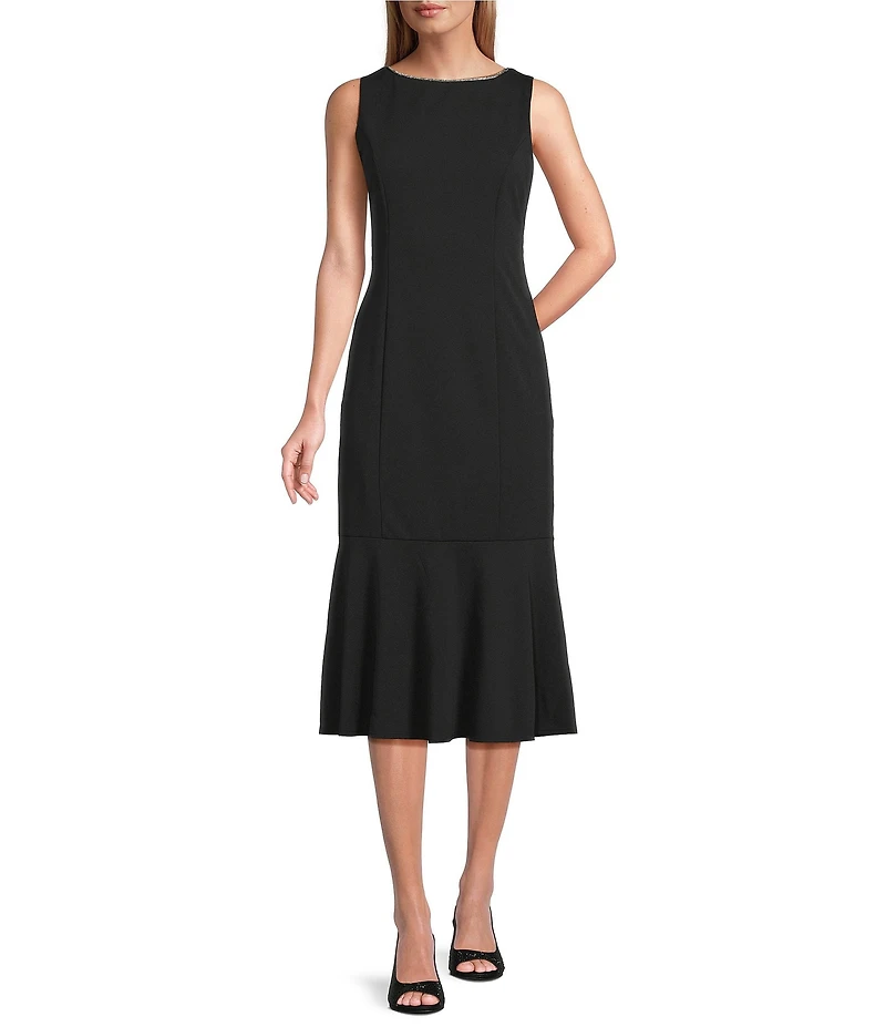 Marina Scuba Crepe Rhinestone V-Back Bow Mermaid Midi Dress