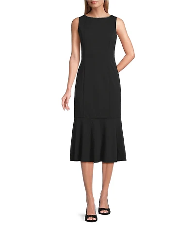 Marina Scuba Crepe Rhinestone V-Back Bow Mermaid Midi Dress