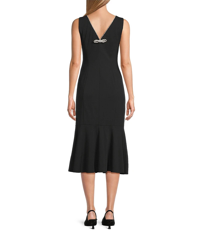 Marina Scuba Crepe Rhinestone V-Back Bow Mermaid Midi Dress