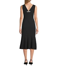 Marina Scuba Crepe Rhinestone V-Back Bow Mermaid Midi Dress