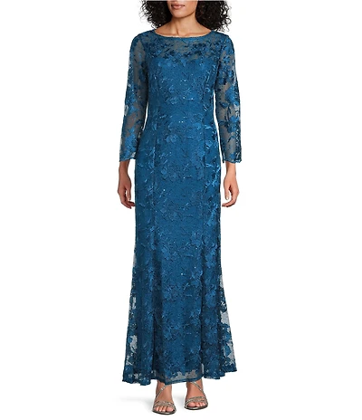 Marina Sequin Embroidered Mesh Lace Illusion Neckline 3/4 Sleeve Gown