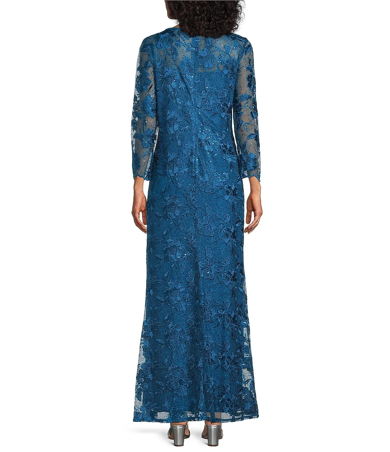 Marina Sequin Embroidered Mesh Lace Illusion Neckline 3/4 Sleeve Gown