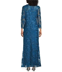 Marina Sequin Embroidered Mesh Lace Illusion Neckline 3/4 Sleeve Gown