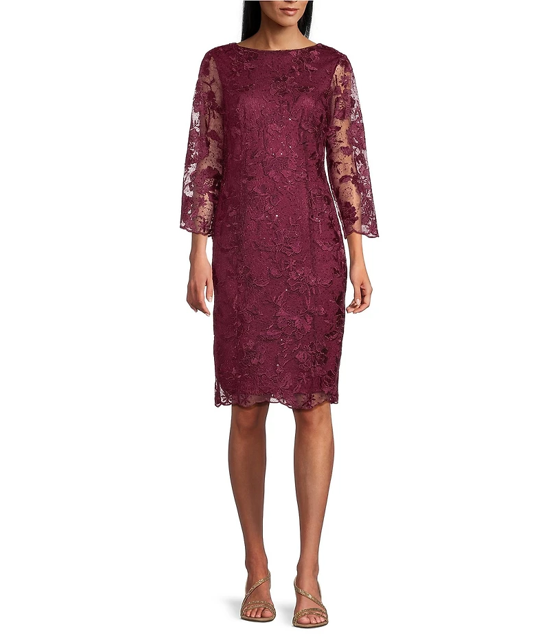 Marina Sequin Embroidered Mesh Lace 3/4 Sleeve Sheath Dress