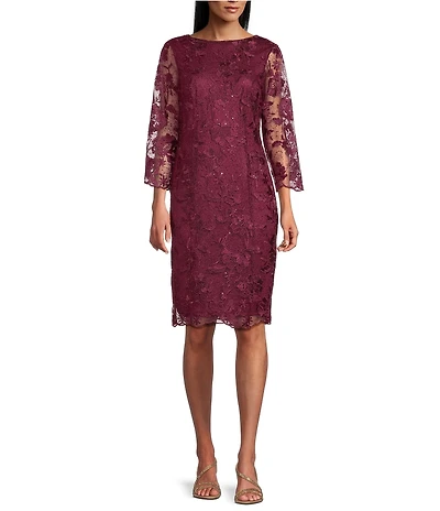 Marina Sequin Embroidered Mesh Lace 3/4 Sleeve Sheath Dress