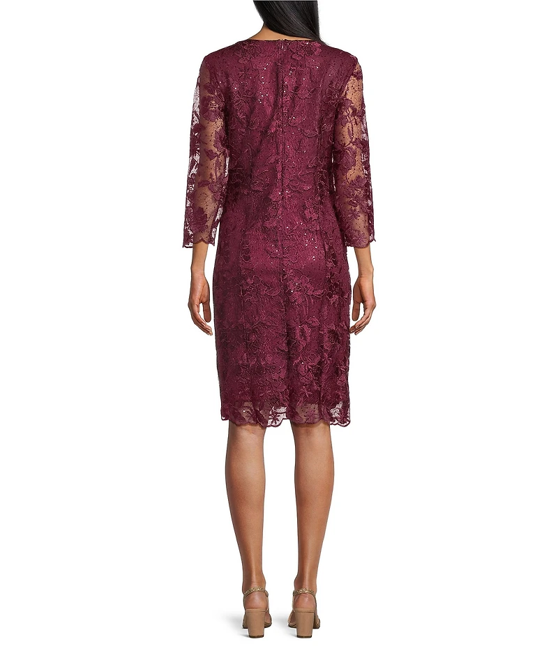 Marina Sequin Embroidered Mesh Lace 3/4 Sleeve Sheath Dress