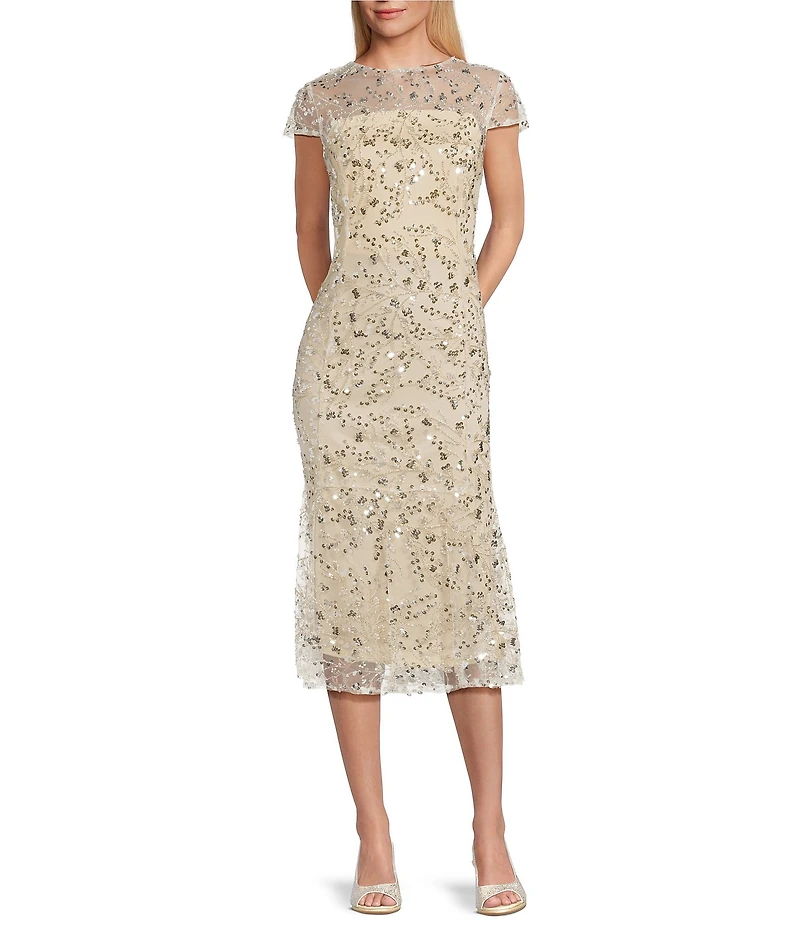 Marina Sequin Short Sleeve Sheath Midi Dress