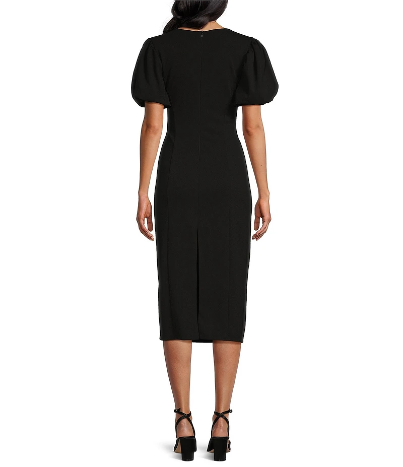 Marina Short Puffed Sleeve Scuba Crepe Midi Dress
