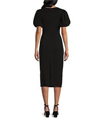 Marina Short Puffed Sleeve Scuba Crepe Midi Dress