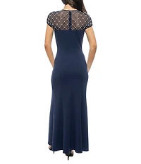 Marina Short Sleeve Beaded Scuba Crepe Sheath Dress