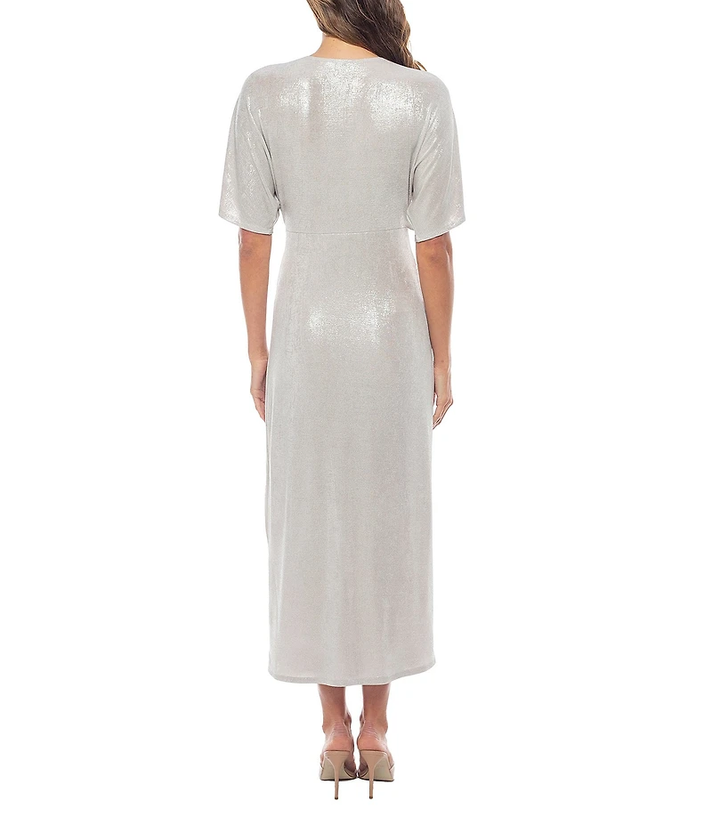 Marina Short Sleeve Ribbed Knot Long Foil Midi Dress