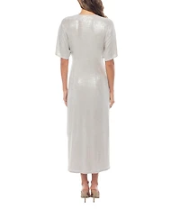 Marina Short Sleeve Ribbed Knot Long Foil Midi Dress