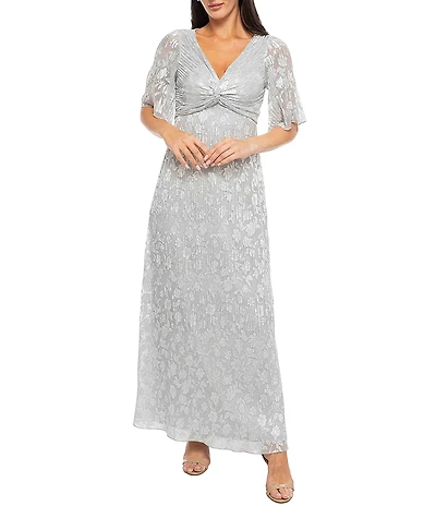 Marina Short Sleeve V-Neck Silver Foil Metallic Dress