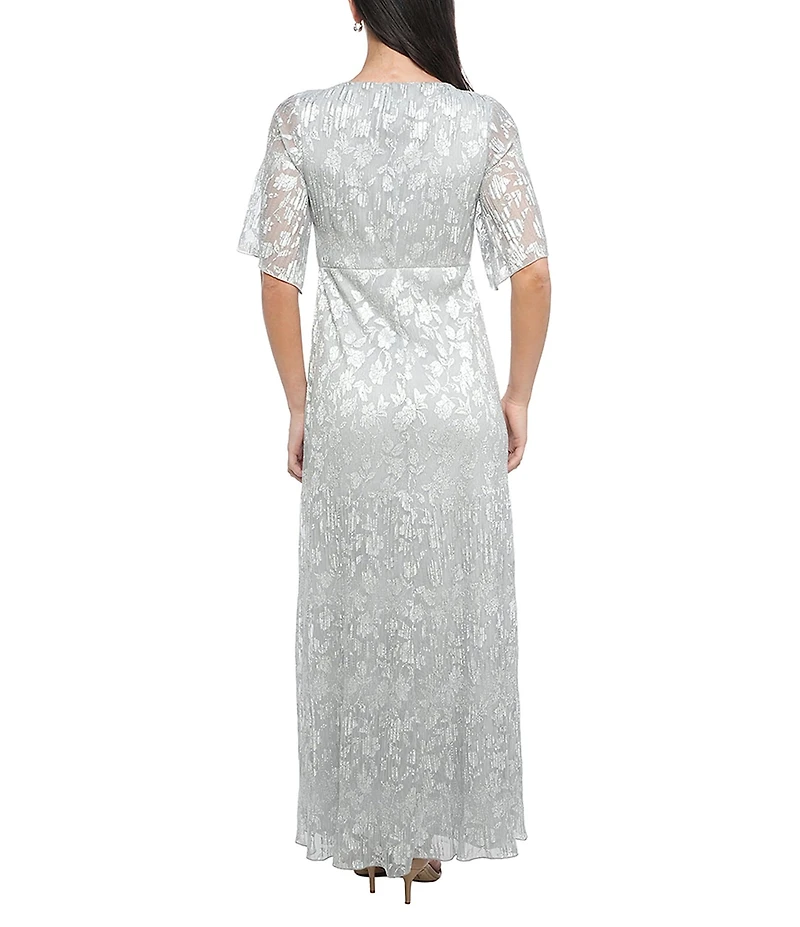 Marina Short Sleeve V-Neck Silver Foil Metallic Dress