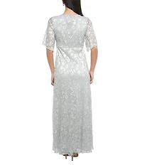 Marina Short Sleeve V-Neck Silver Foil Metallic Dress