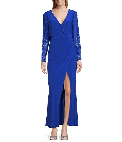 Marina Side Slit V-Neck Ruched Beaded Sleeve Dress