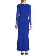 Marina Side Slit V-Neck Ruched Beaded Sleeve Dress