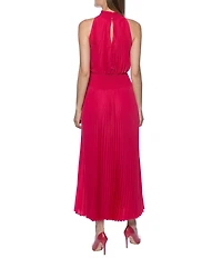 Marina Sleeveless Halter Mock Neck Smocked Pleated Crepe Chiffon A-Line Midi Dress