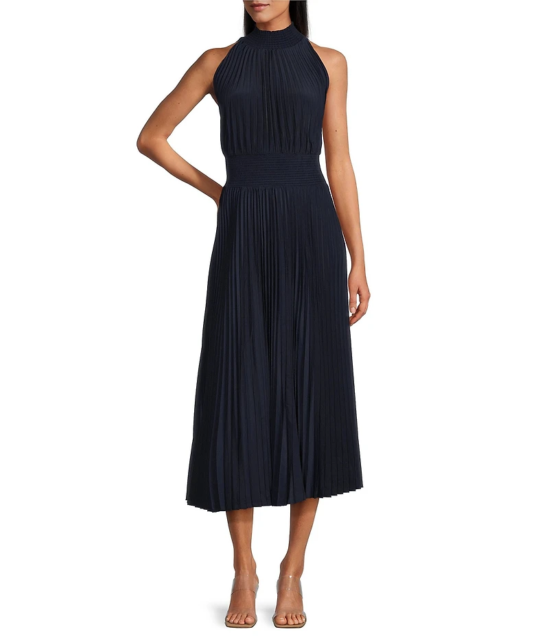 Marina Sleeveless Halter Mock Neck Smocked Pleated Crepe Chiffon A-Line Midi Dress