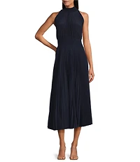 Marina Sleeveless Halter Mock Neck Smocked Pleated Crepe Chiffon A-Line Midi Dress